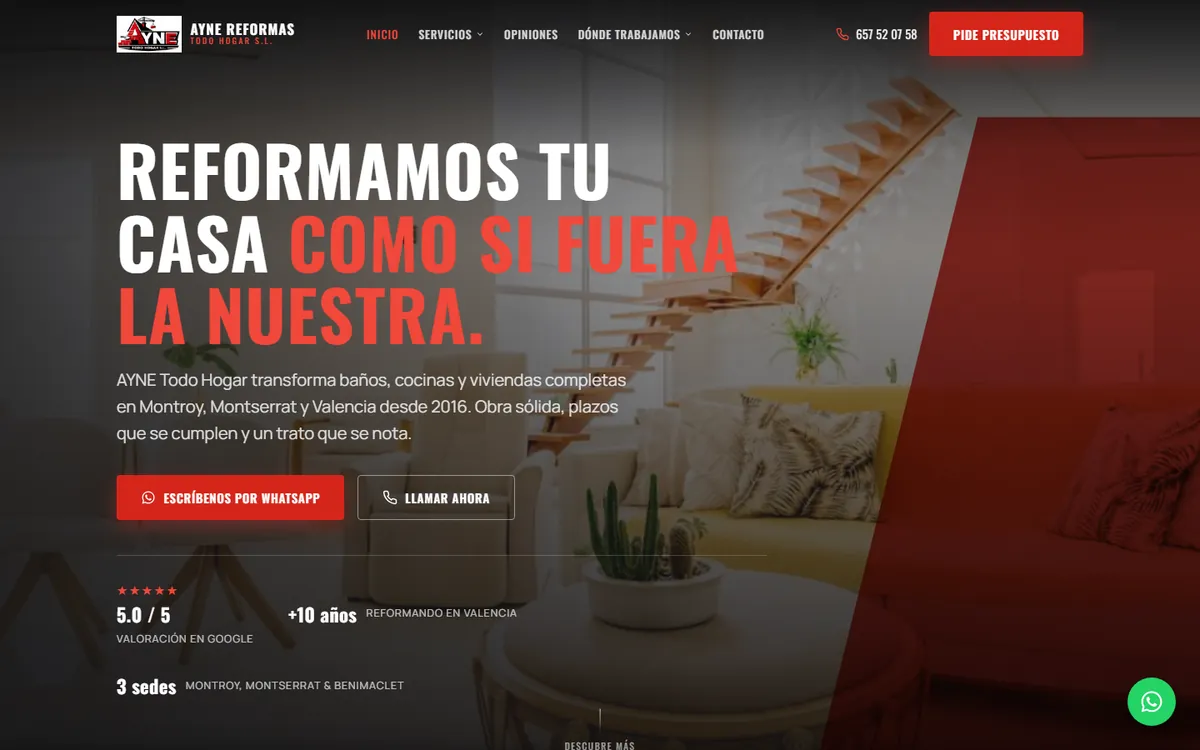 Página de inicio de la web de AYNE Reformas