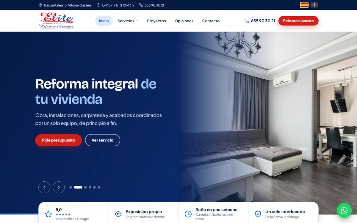 Página de inicio de la web de Elite Reformas y Ventanas