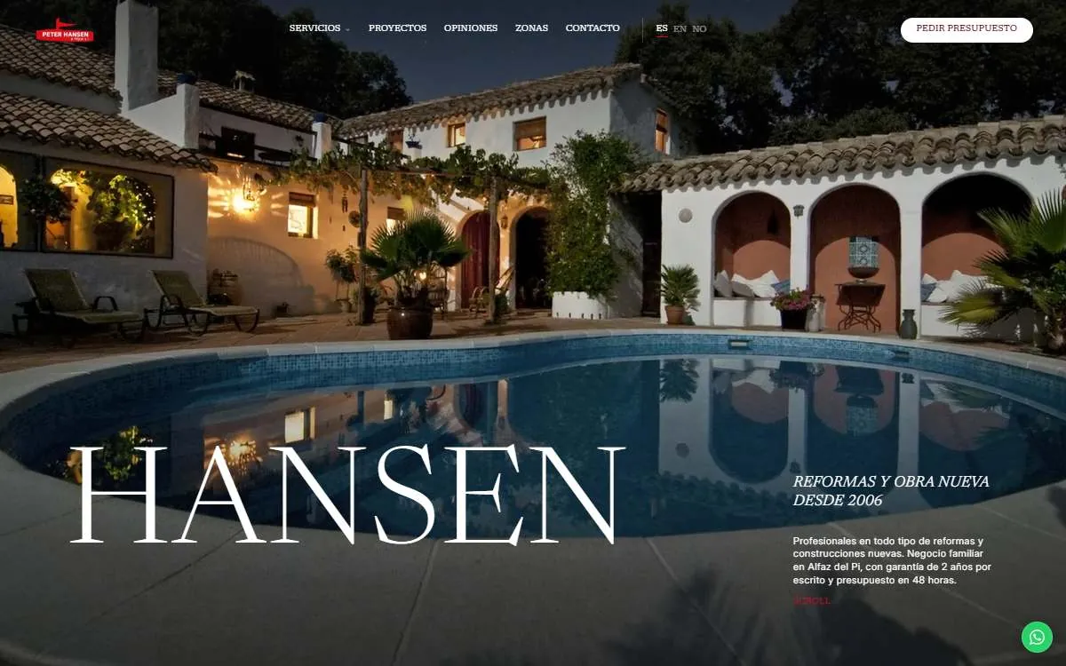 Página de inicio de la web de Hansen Construcciones